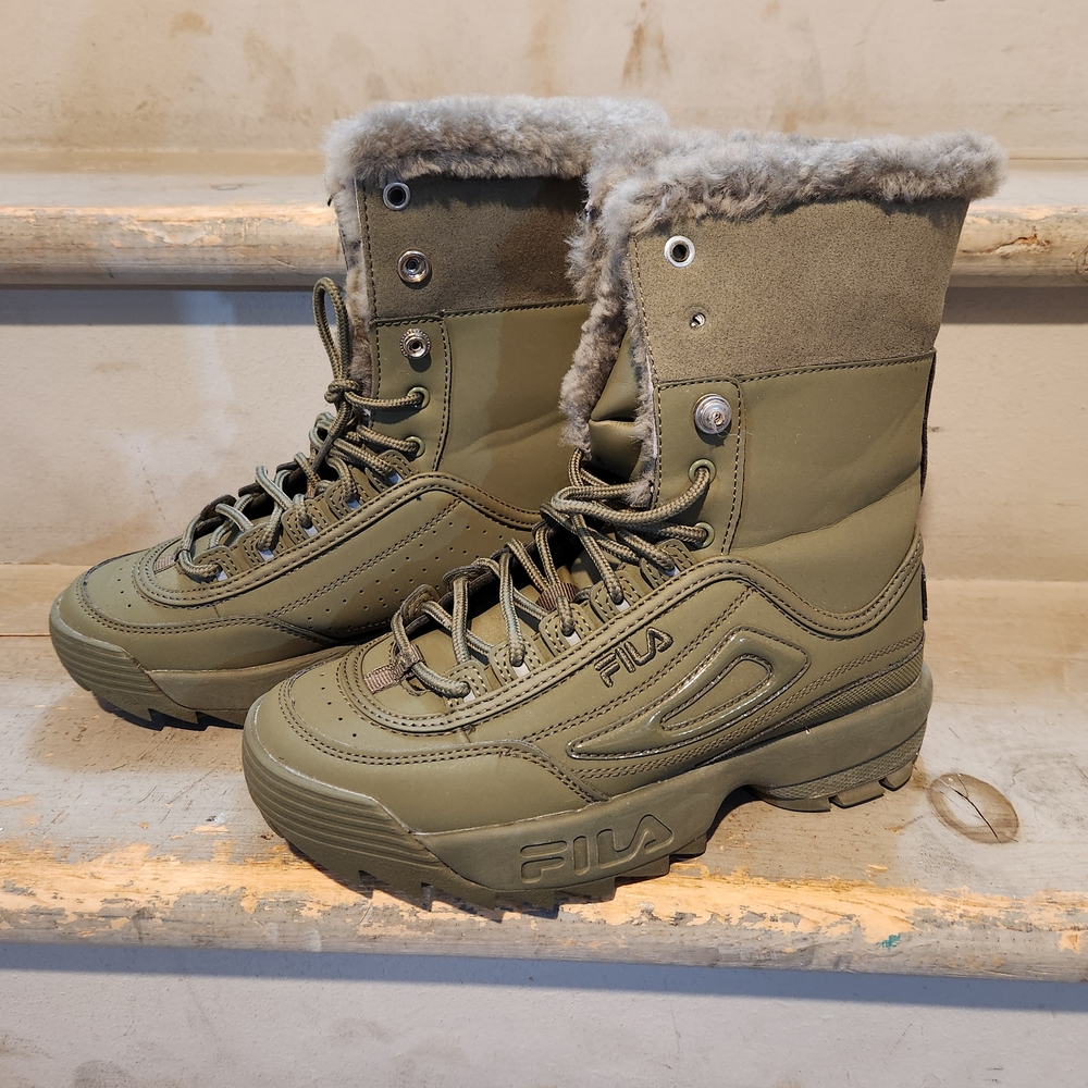 Fila Khaki High-Top Boots with Fur Lining